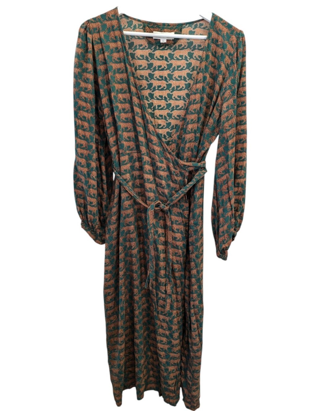 Emerson Fry Wrap Midi Dress Large Green Cheetah Animal Print Modal Bishop Sleeve